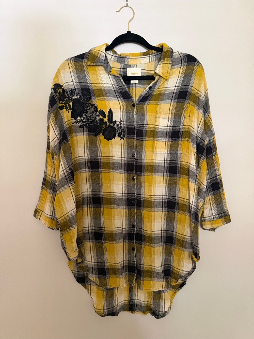 Maeve Yellow Black White Plaid Button-Down Shirt with Black Floral Accent